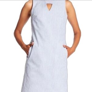 Anne Klein 100% Cotton Seersucker Blue & White Stripe Sleeveless Sheath Dress